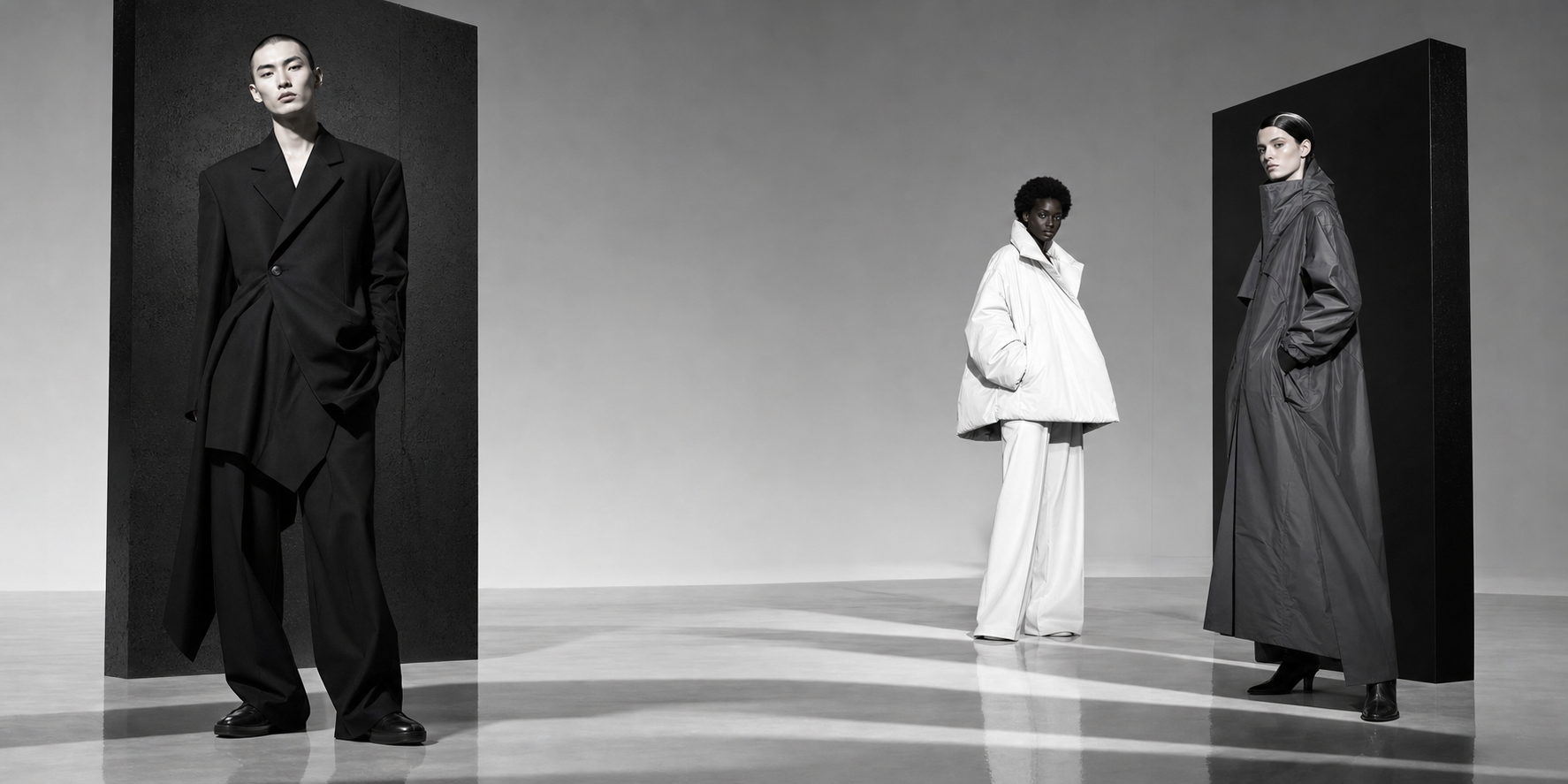 Three models wearing the Just Life monochrome campaign collection