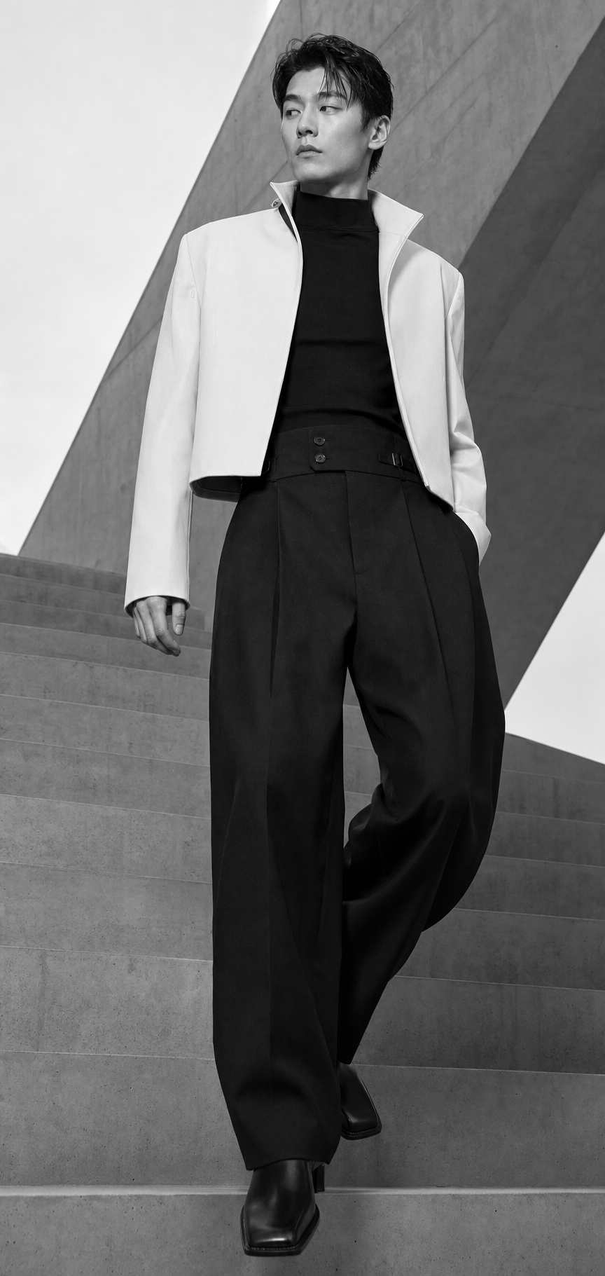 Model in sharp black-and-white tailoring from the Just Life monochrome campaign