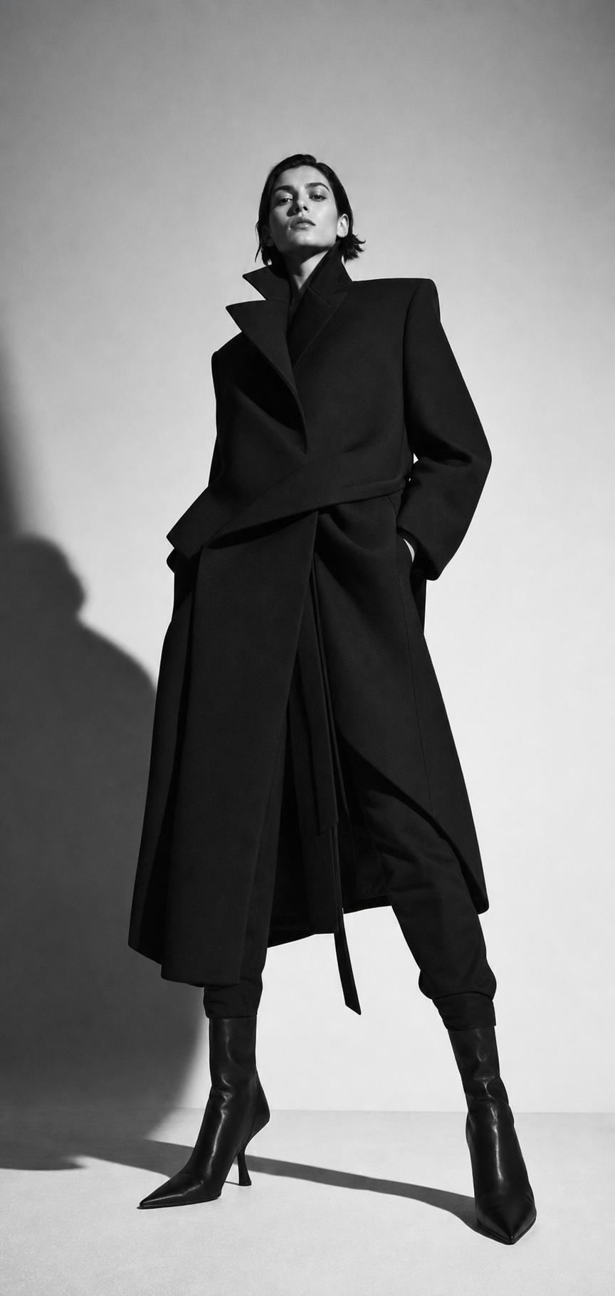 Model wearing an architectural black Just Life look