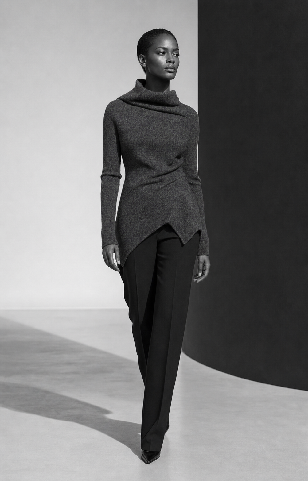 Model wearing the sculptural Oria Draped Knit knit
