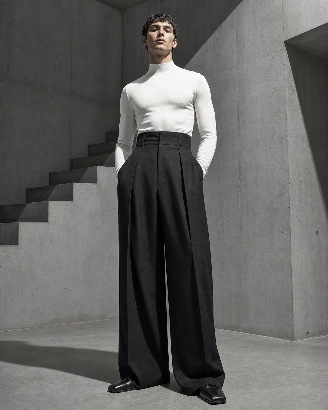 Model wearing the wide-leg Solen Pleated Trouser