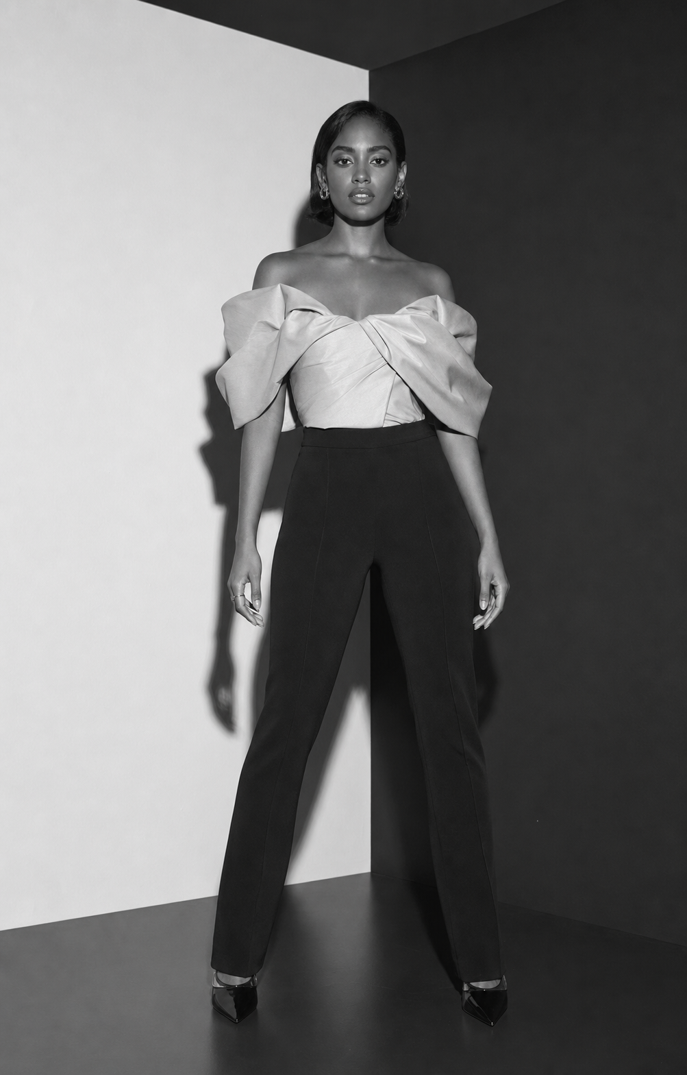 Model wearing the Sora Sculpted Blouse
